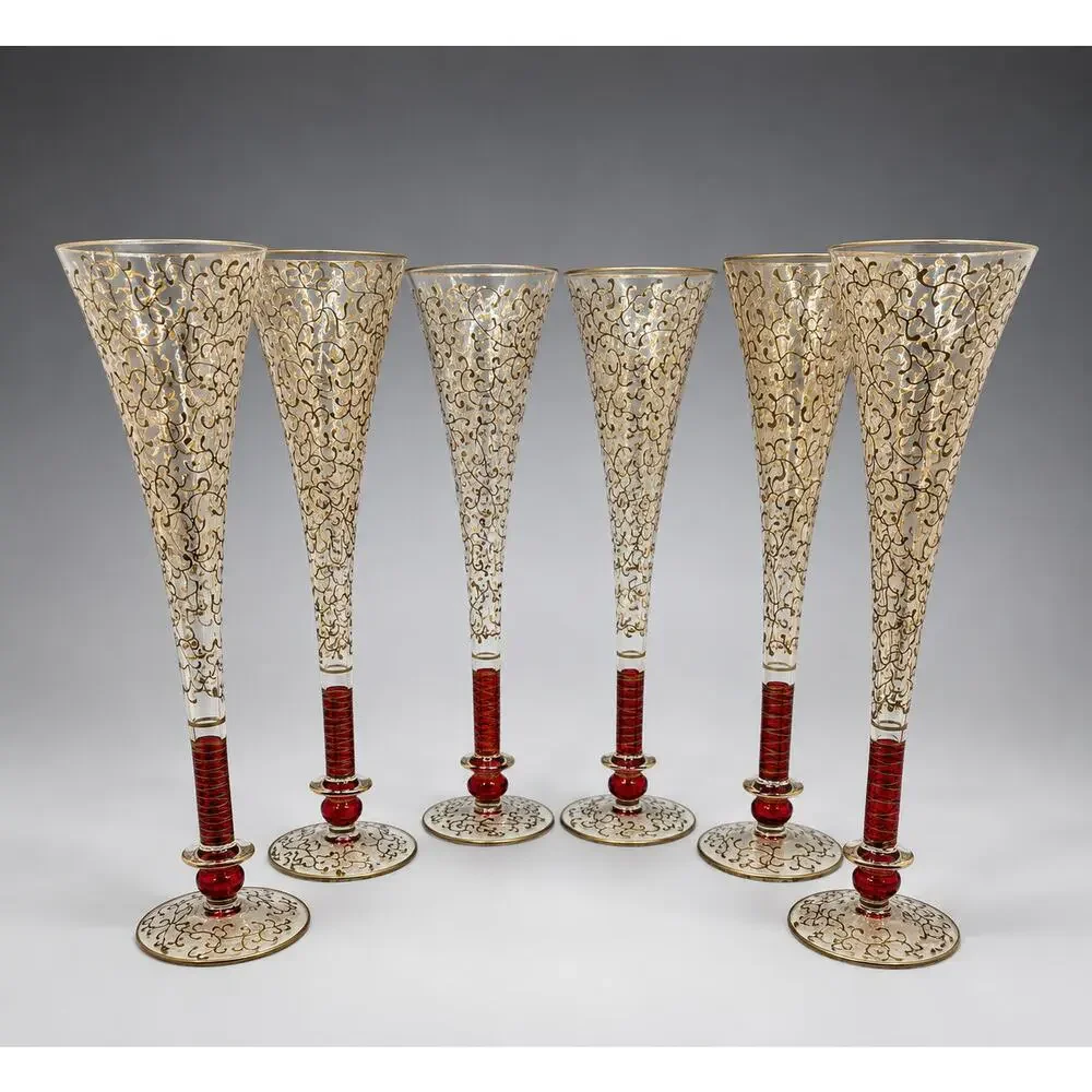 Pier 1 Fluted Champagne Glasses P1C8 Gold Filigree Red Stem Set of 6 Vintage